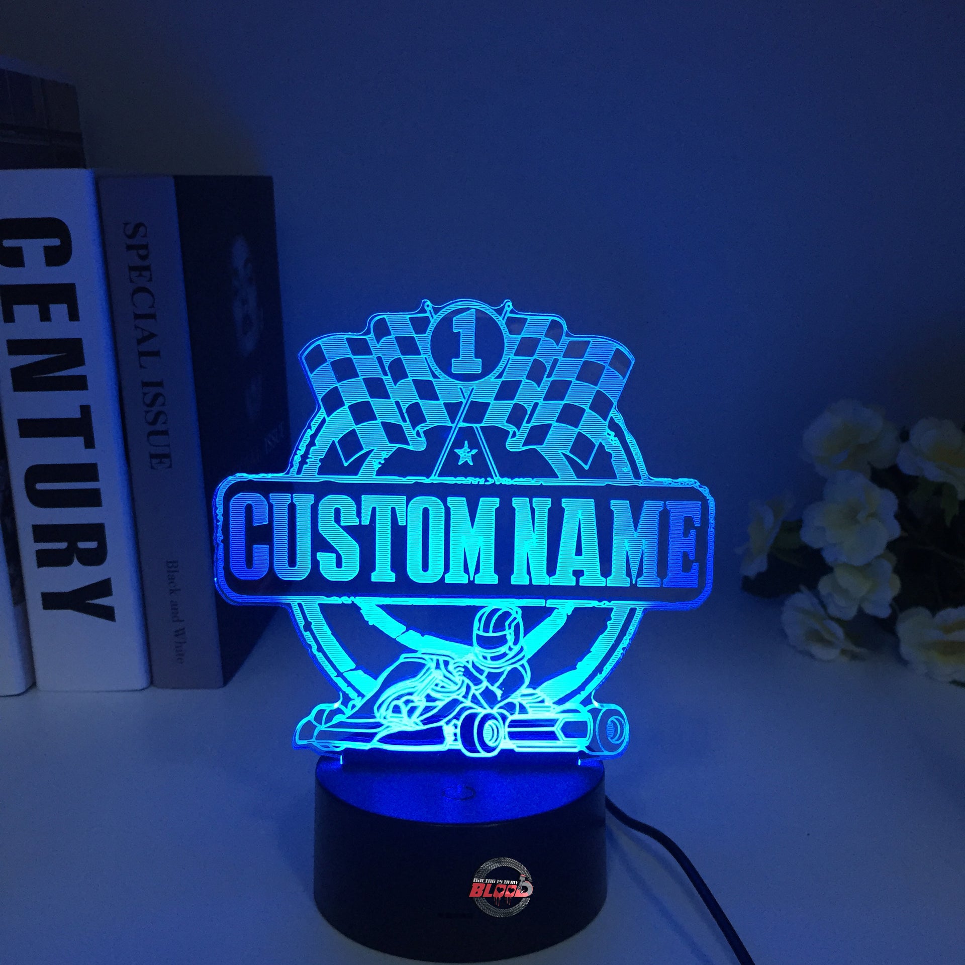 Personalized Go Kart Racing 3D LED Illusion Lamp featuring a custom name and racing number alongside a racing kart silhouette, glowing in a vibrant lime green on a black base.
