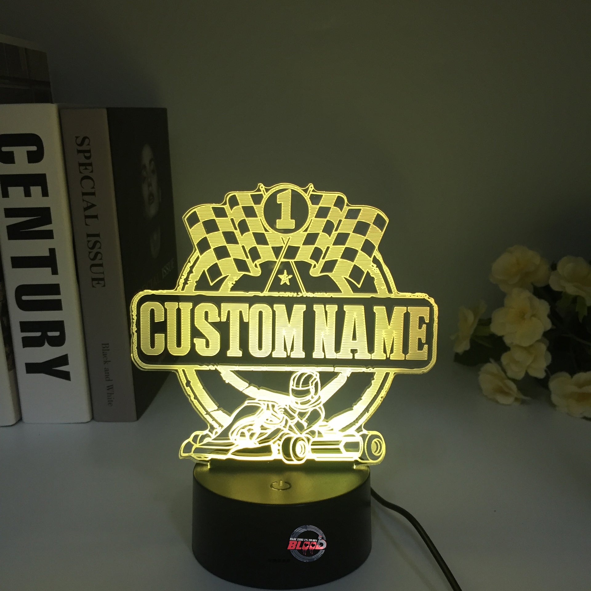 Personalized Go Kart Racing 3D LED Illusion Lamp featuring a custom name and racing number alongside a racing kart silhouette, glowing in a vibrant lime green on a black base.