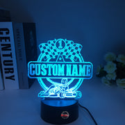 Personalized Go Kart Racing 3D LED Illusion Lamp featuring a custom name and racing number alongside a racing kart silhouette, glowing in a vibrant lime green on a black base.