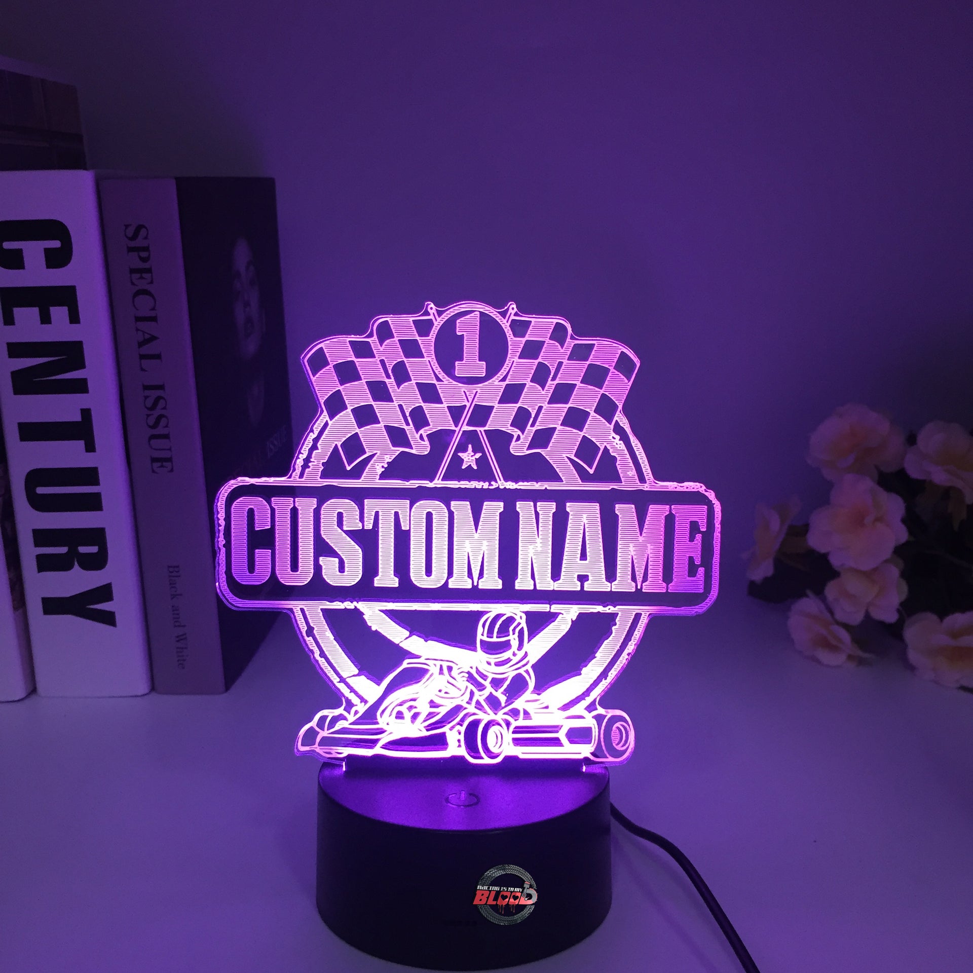 Personalized Go Kart Racing 3D LED Illusion Lamp featuring a custom name and racing number alongside a racing kart silhouette, glowing in a vibrant lime green on a black base.