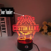 Personalized Late Model 3D LED Illusion Lamp featuring a custom name and racing number alongside an aggressive dirt late model silhouette, glowing in a vibrant blue on a black base.