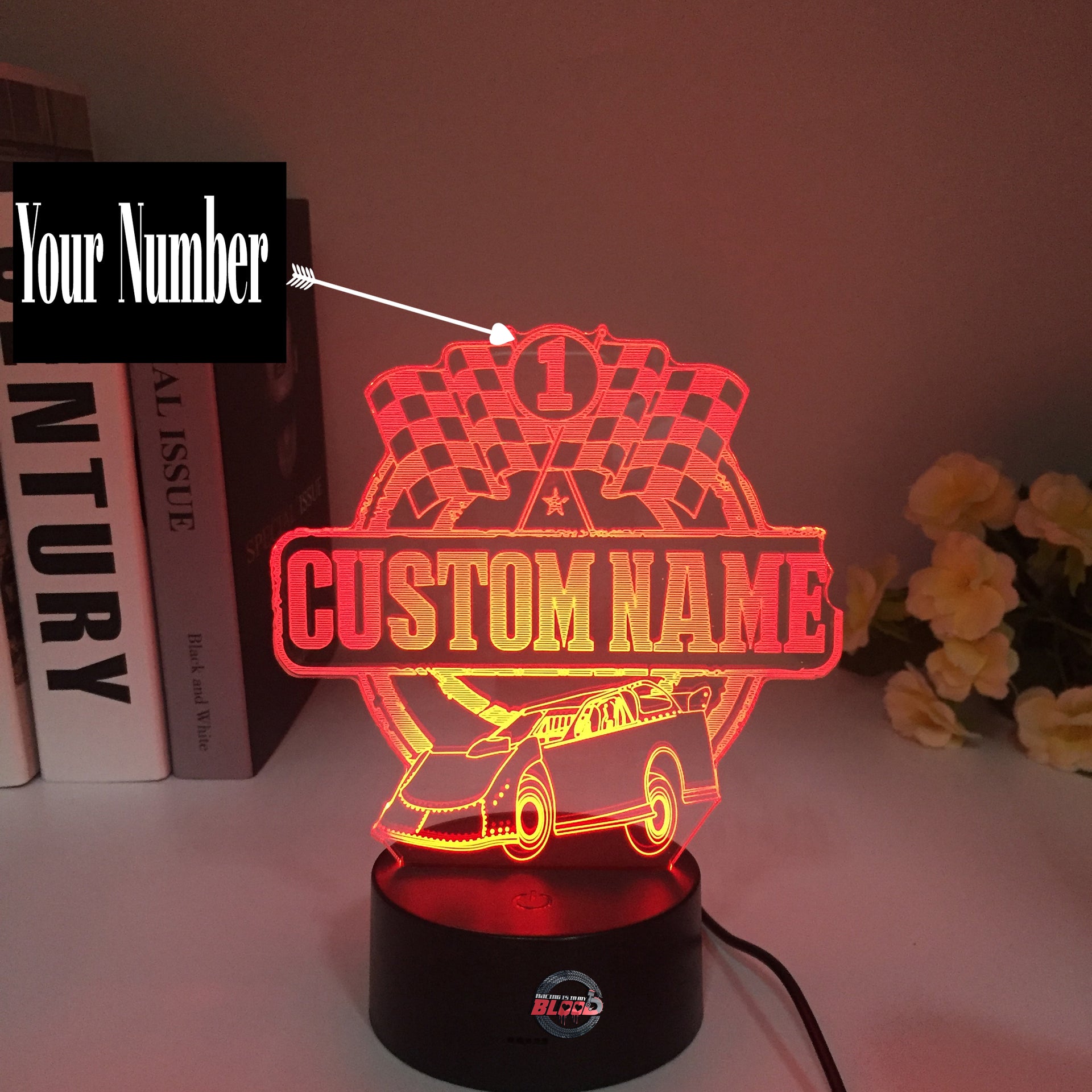 Personalized Late Model 3D LED Illusion Lamp featuring a custom name and racing number alongside an aggressive dirt late model silhouette, glowing in a vibrant blue on a black base.