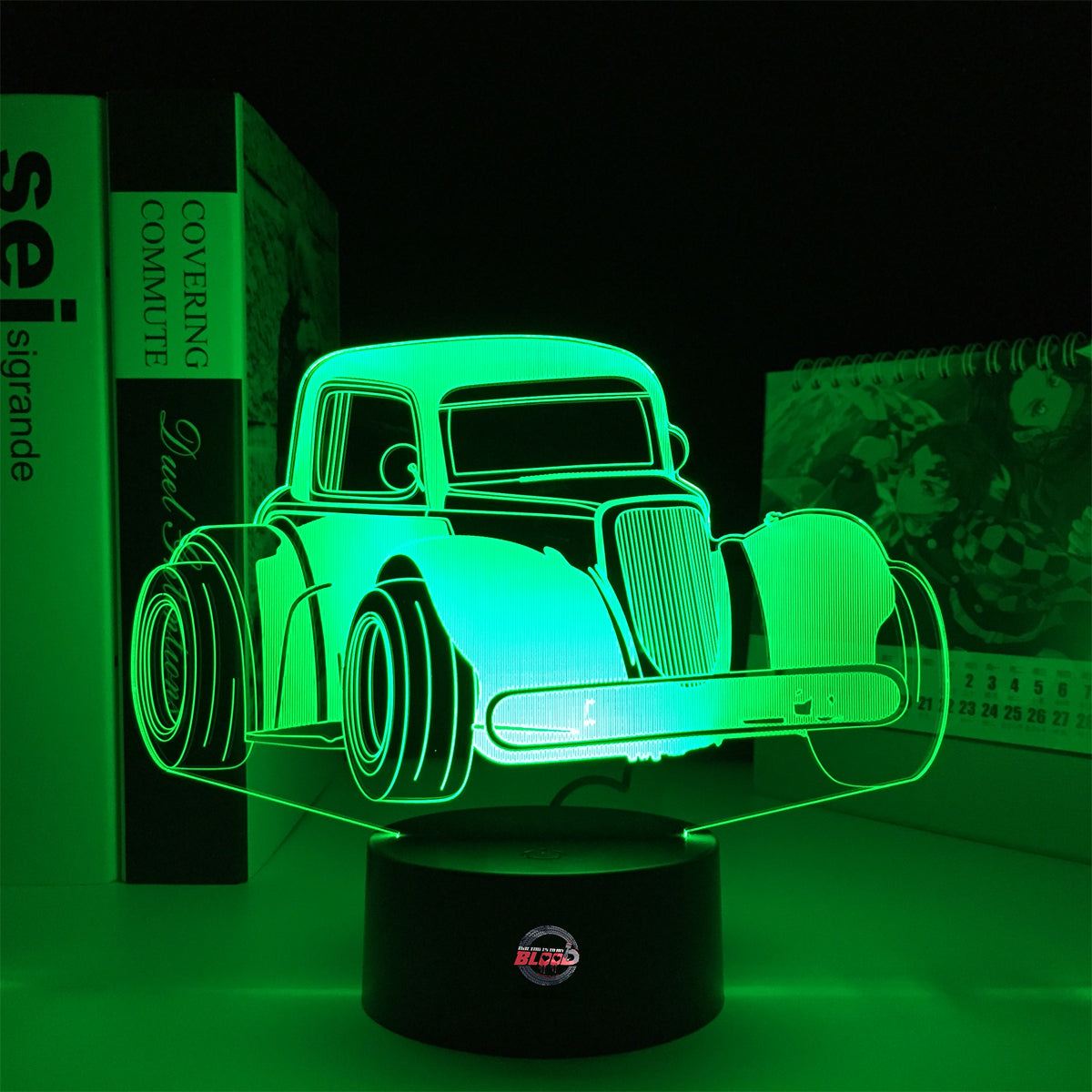 Personalized Legend Car LED Lamp featuring a custom name and racing number alongside a classic legend car silhouette, glowing in a vibrant electric blue on a black base.