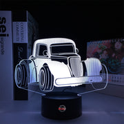 Personalized Legend Car LED Lamp featuring a custom name and racing number alongside a classic legend car silhouette, glowing in a vibrant electric blue on a black base.