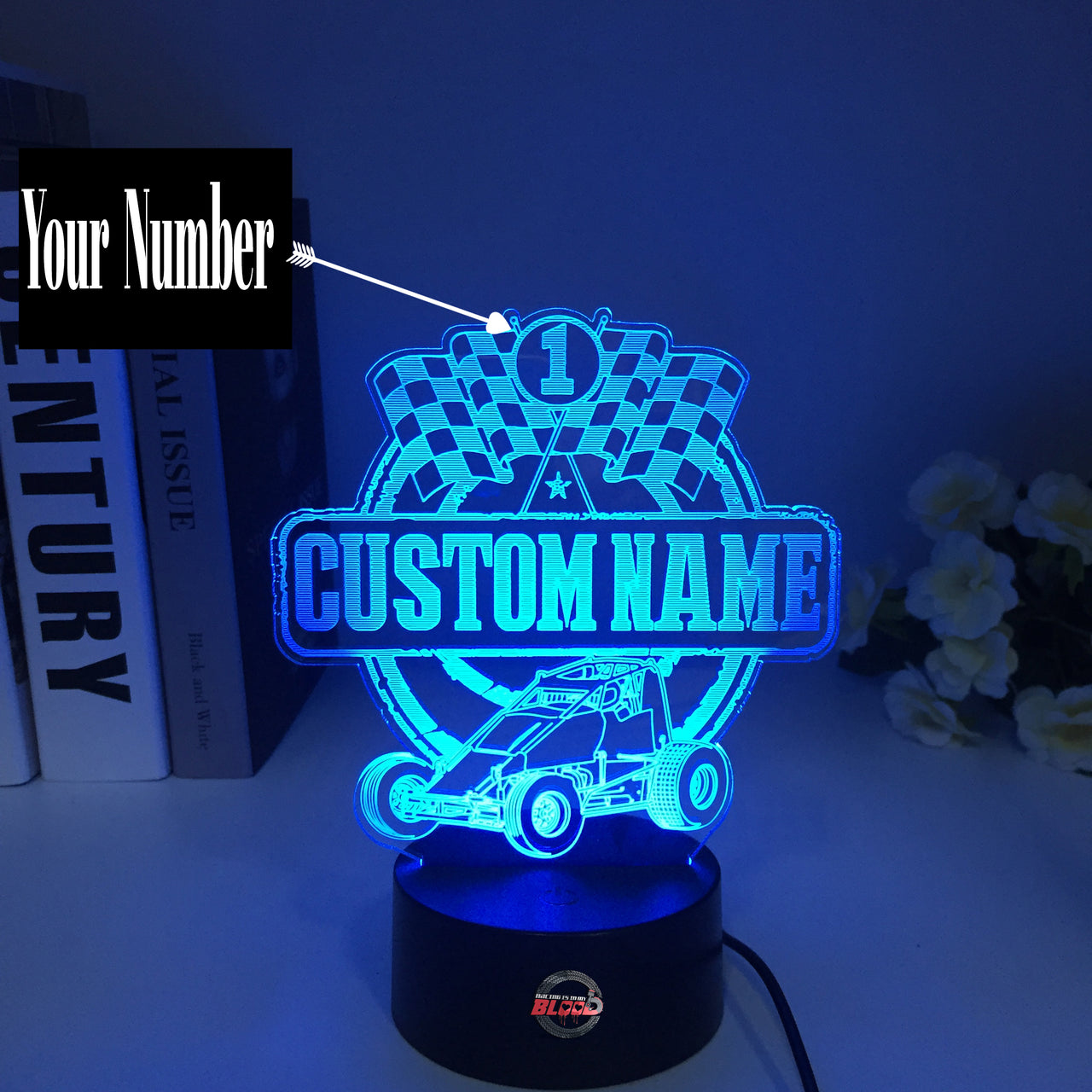 Personalized Non-Wing Sprint Car 3D LED Illusion Lamp featuring a custom name and racing number alongside a wingless dirt track sprinter silhouette, glowing in a vibrant yellow on a black base.