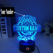 Personalized Non-Wing Sprint Car 3D LED Illusion Lamp featuring a custom name and racing number alongside a wingless dirt track sprinter silhouette, glowing in a vibrant yellow on a black base.