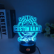 Personalized Non-Wing Sprint Car 3D LED Illusion Lamp featuring a custom name and racing number alongside a wingless dirt track sprinter silhouette, glowing in a vibrant yellow on a black base.