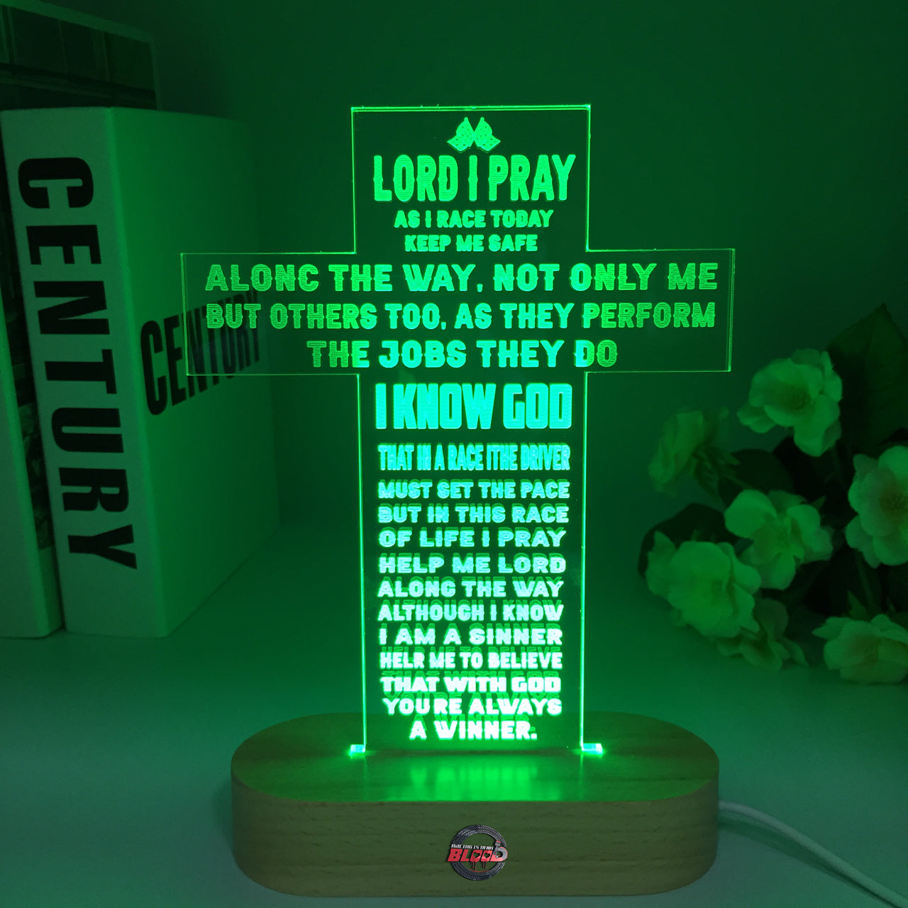Personalized Racer’s Prayer LED Lamp featuring a custom name and racing number alongside the protective prayer, glowing in a warm gold light on a black base.