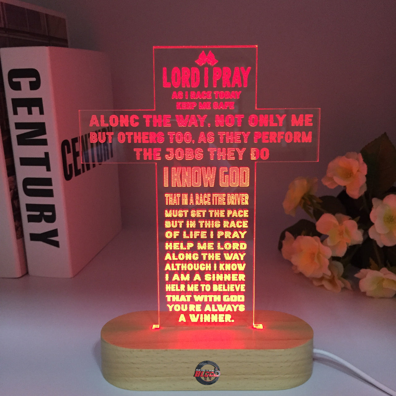 Personalized Racer’s Prayer LED Lamp featuring a custom name and racing number alongside the protective prayer, glowing in a warm gold light on a black base.