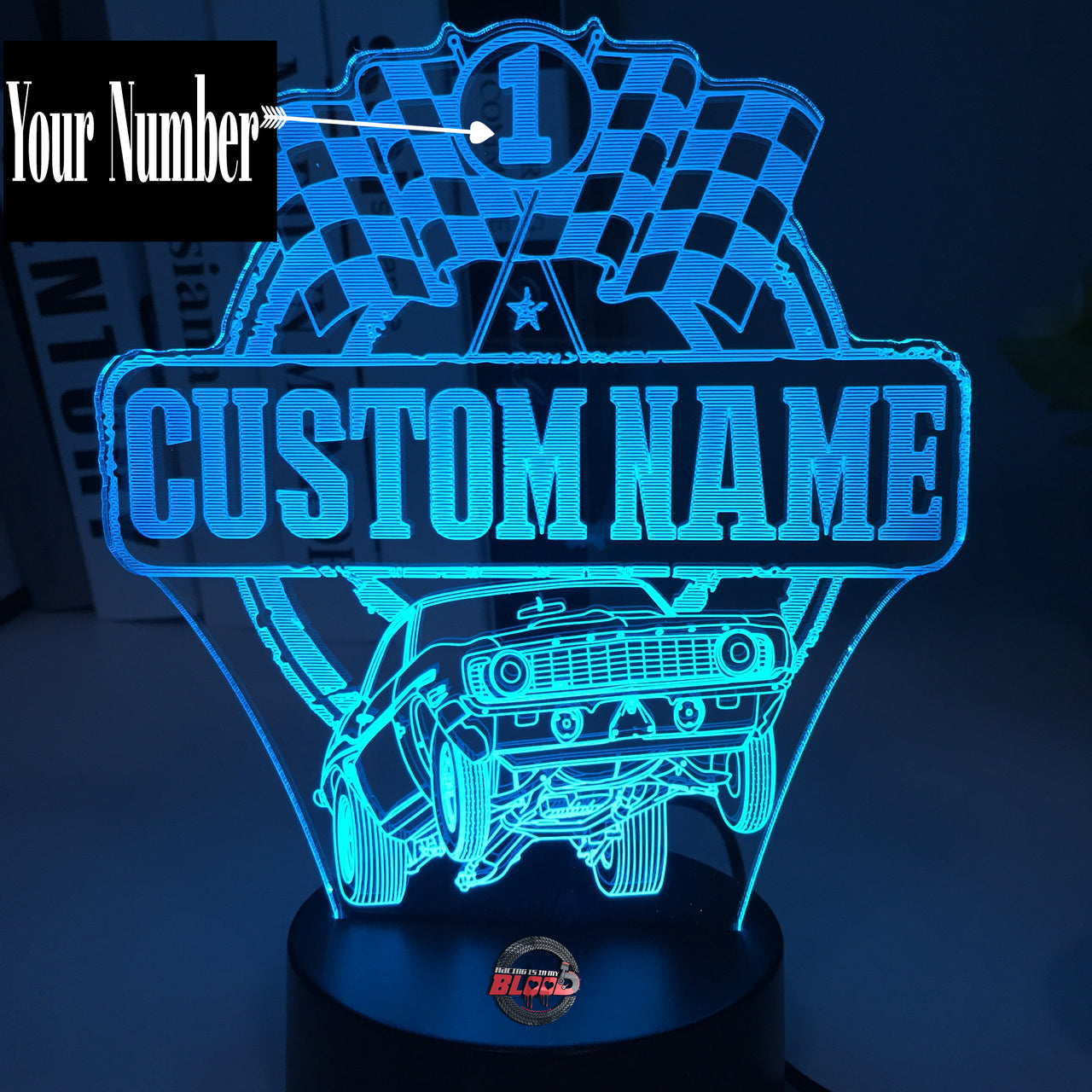 Personalized Super Stock Drag Racing 3D LED Illusion Lamp featuring a custom name and number alongside a muscle car silhouette, glowing in a vibrant red on a black base.