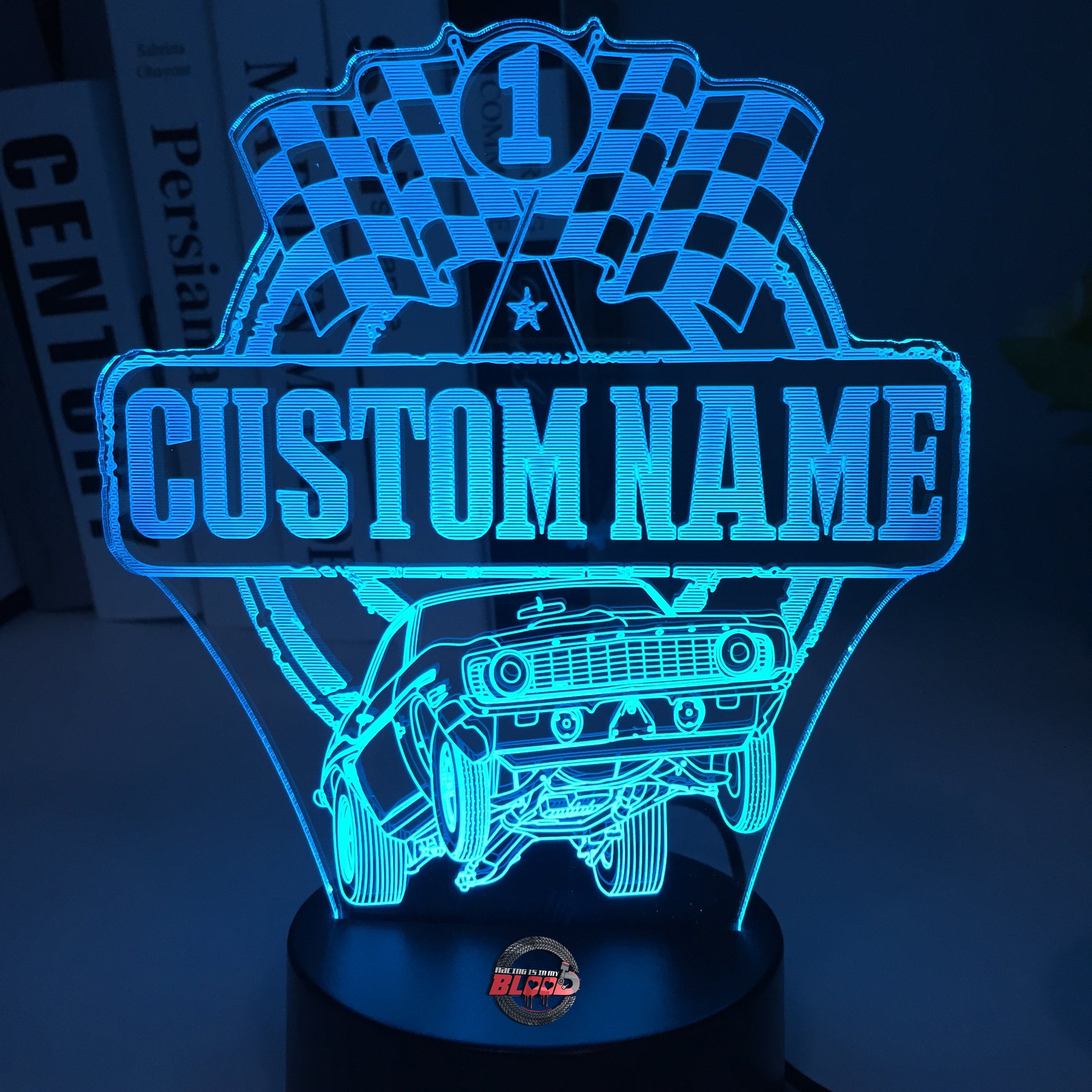 Personalized Super Stock Drag Racing 3D LED Illusion Lamp featuring a custom name and number alongside a muscle car silhouette, glowing in a vibrant red on a black base.