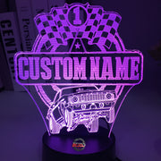 Personalized Super Stock Drag Racing 3D LED Illusion Lamp featuring a custom name and number alongside a muscle car silhouette, glowing in a vibrant red on a black base.