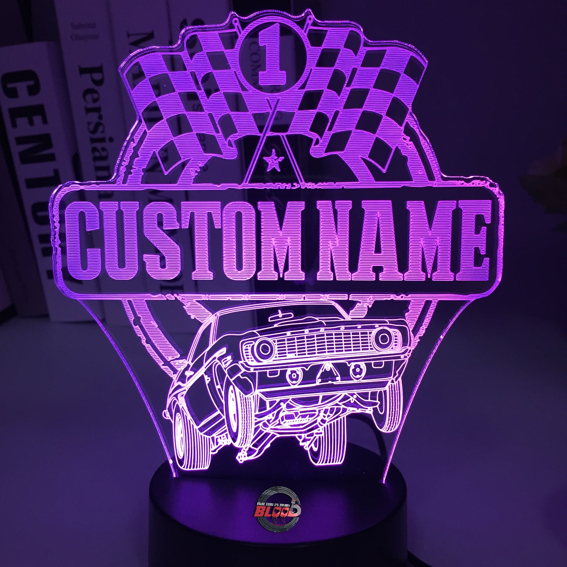 Personalized Super Stock Drag Racing 3D LED Illusion Lamp featuring a custom name and number alongside a muscle car silhouette, glowing in a vibrant red on a black base.