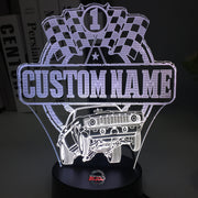 Personalized Super Stock Drag Racing 3D LED Illusion Lamp featuring a custom name and number alongside a muscle car silhouette, glowing in a vibrant red on a black base.
