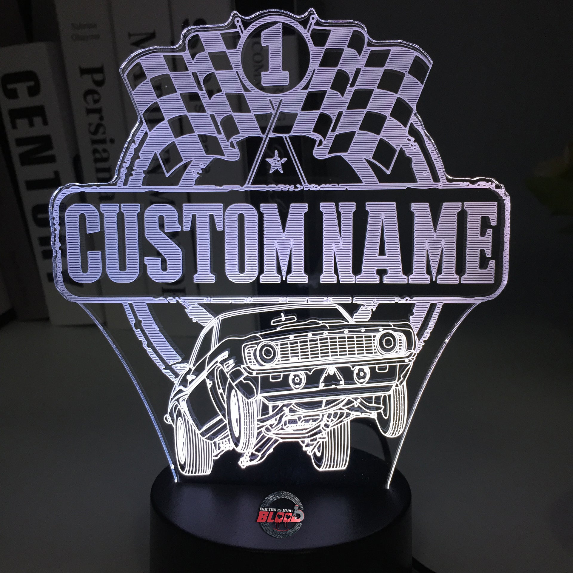 Personalized Super Stock Drag Racing 3D LED Illusion Lamp featuring a custom name and number alongside a muscle car silhouette, glowing in a vibrant red on a black base.