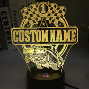 Personalized Super Stock Drag Racing 3D LED Illusion Lamp featuring a custom name and number alongside a wheel-standing muscle car silhouette, glowing in a vibrant blue on a black base.