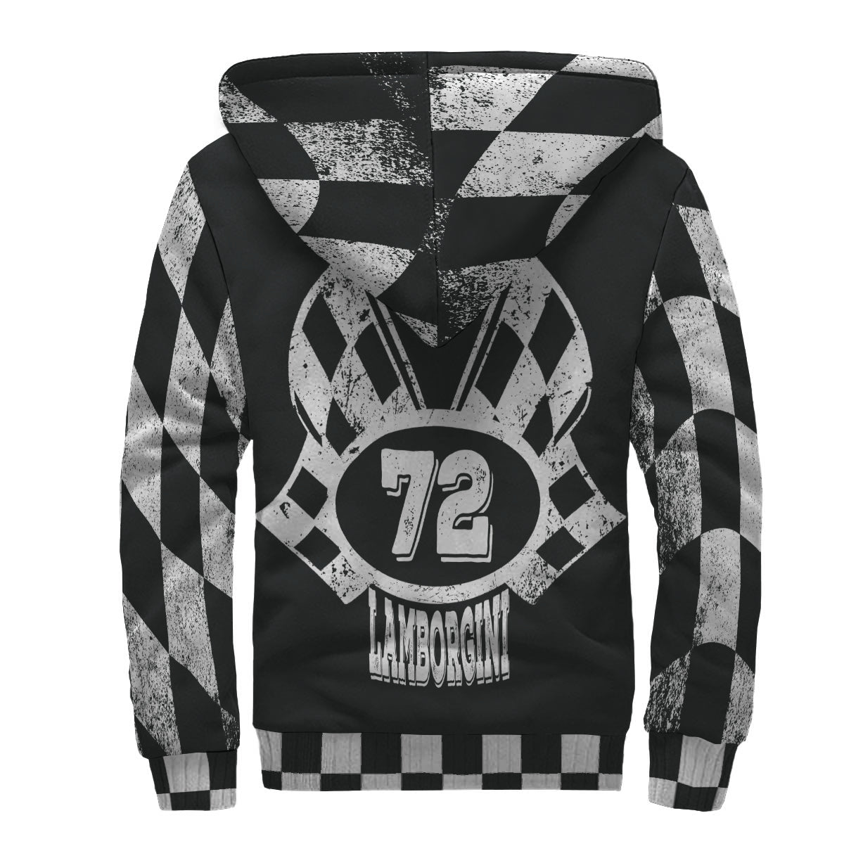 Personalized checkered racing sherpa jacket, back view with callouts showing where your name and number replace the sample design.