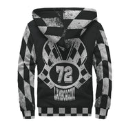 Personalized checkered racing sherpa jacket, back view with callouts showing where your name and number replace the sample design.