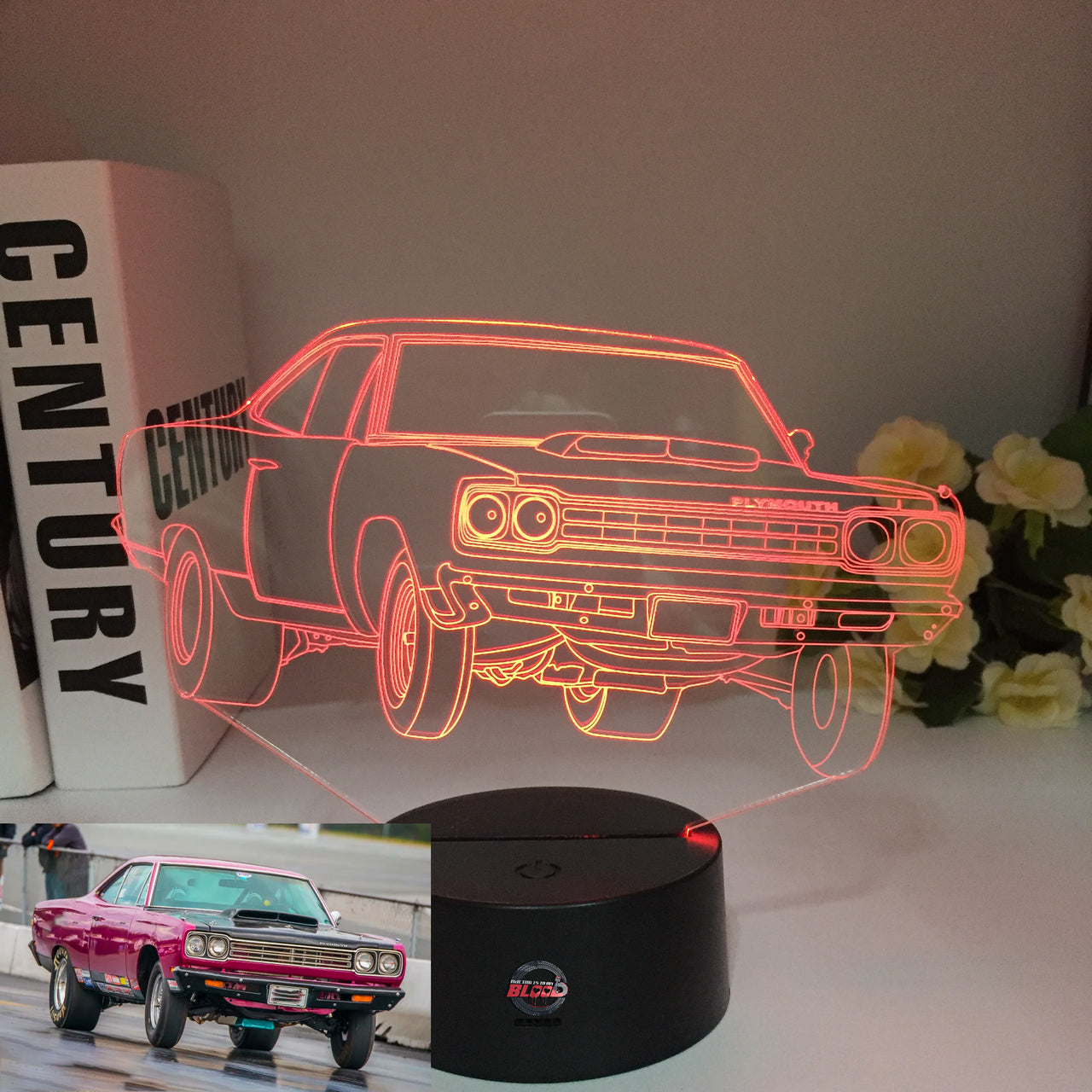 Plymouth 3D LED Illusion Lamp showing a classic muscle car silhouette in a vibrant purple glow on a premium black base.