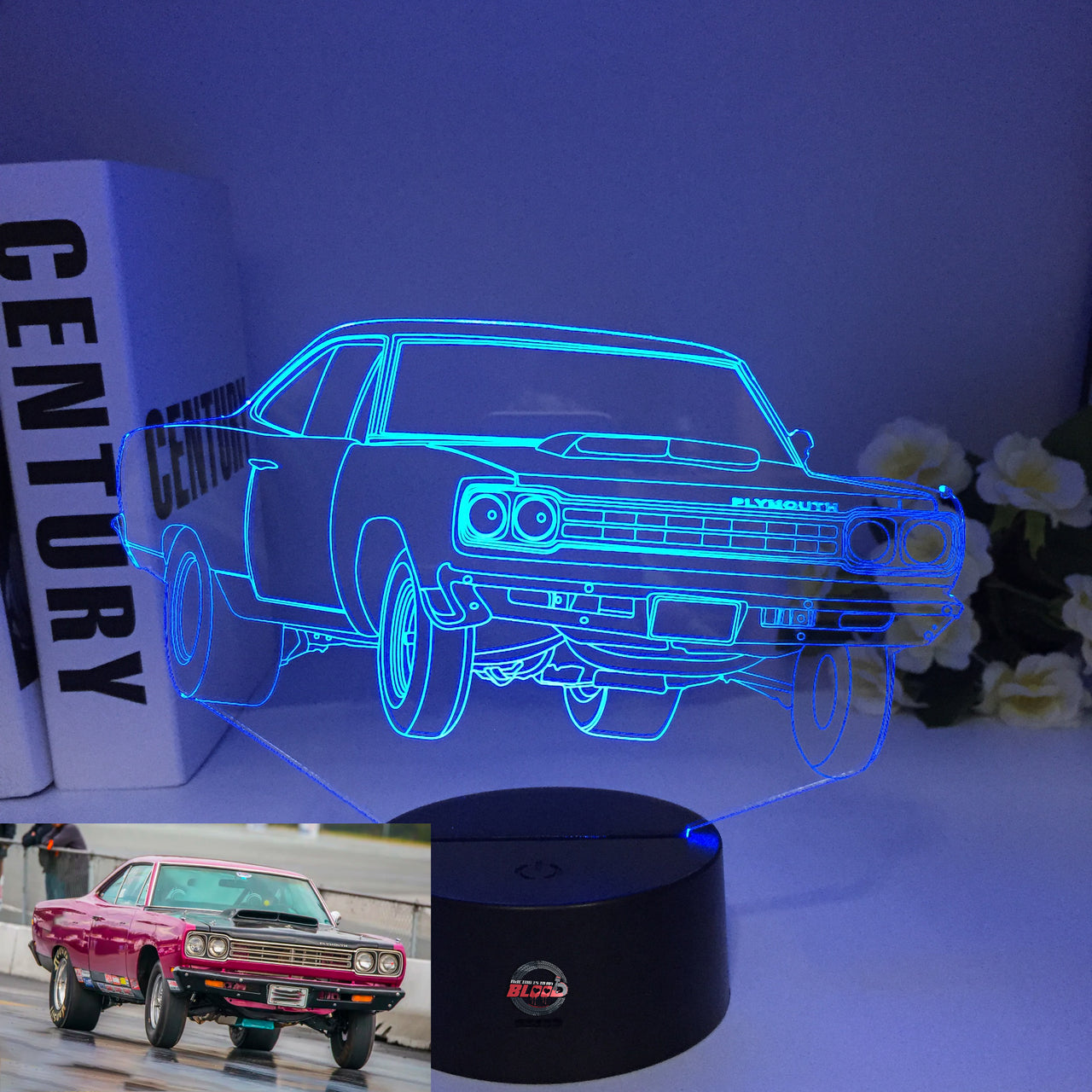 Plymouth 3D LED Illusion Lamp showing a classic muscle car silhouette in a vibrant purple glow on a premium black base.