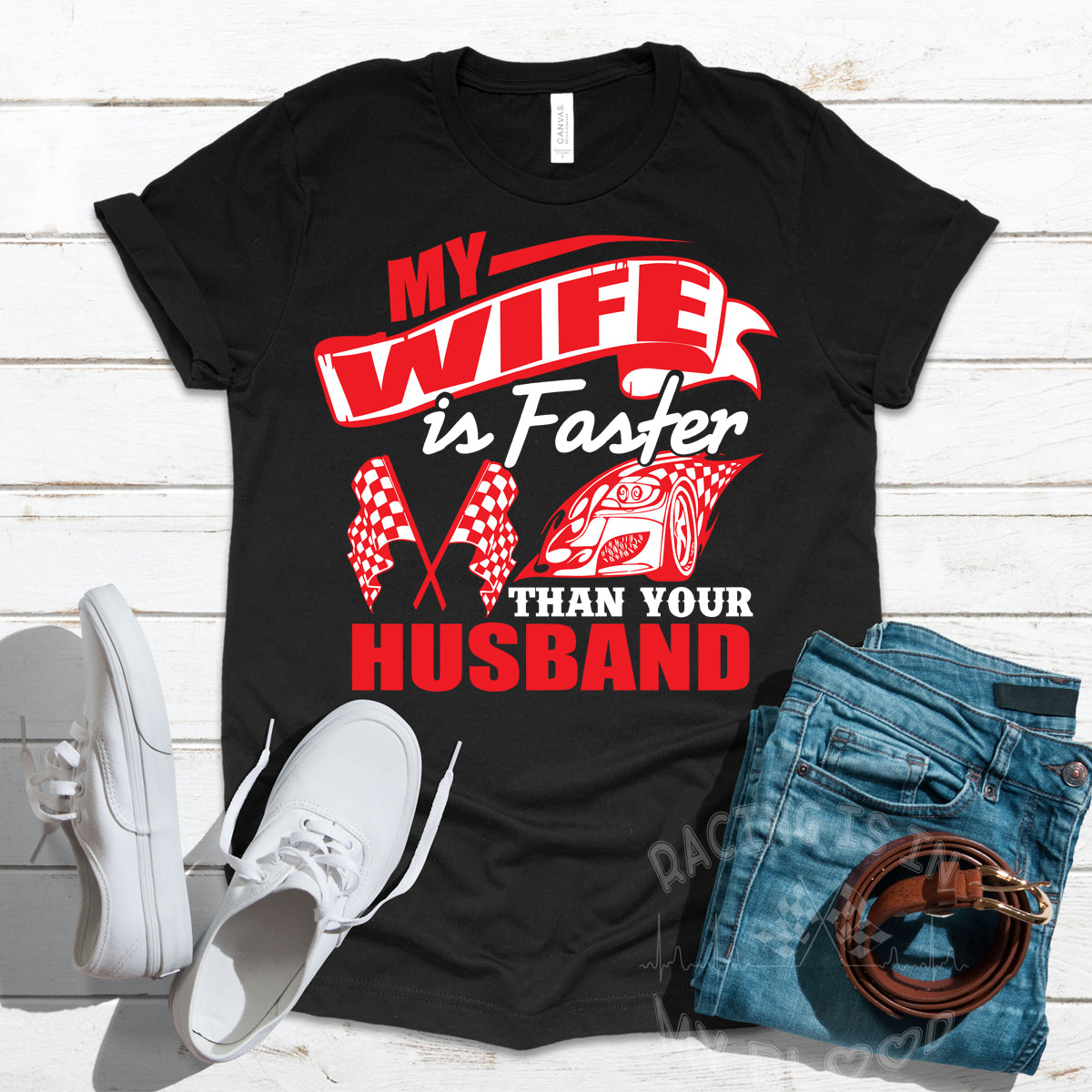 Premium black apparel mockup collection featuring the bold pink and white graphic text "My Husband Is Faster Than Your Husband" displayed across high-quality unisex t-shirts and track hoodies.