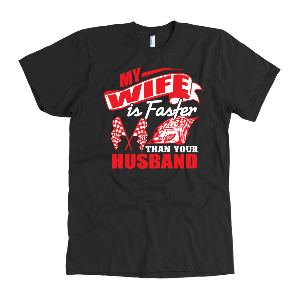 Premium black apparel mockup collection featuring the bold pink and white graphic text "My Husband Is Faster Than Your Husband" displayed across high-quality unisex t-shirts and track hoodies.