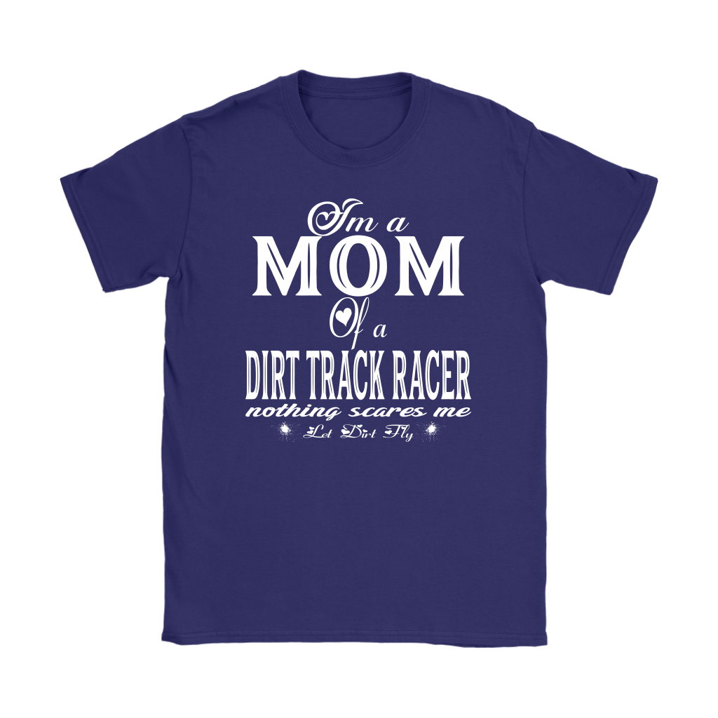 Premium black apparel mockup featuring a woman sitting on the wooden grandstand bleachers at a dirt track arena, wearing a soft custom t-shirt with a bold white graphic that reads "I'm a MOM of a DIRT TRACK RACER nothing scares me".