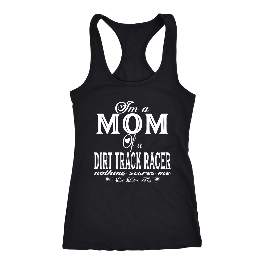 Premium black apparel mockup featuring a woman sitting on the wooden grandstand bleachers at a dirt track arena, wearing a soft custom t-shirt with a bold white graphic that reads "I'm a MOM of a DIRT TRACK RACER nothing scares me".