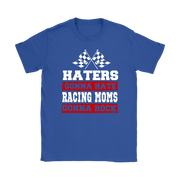 Premium black women's t-shirt mockup featuring a bold white and red graphic that reads "Haters Gonna Hate Racing Moms Gonna Rock" complete with crossed racing checkered flags.