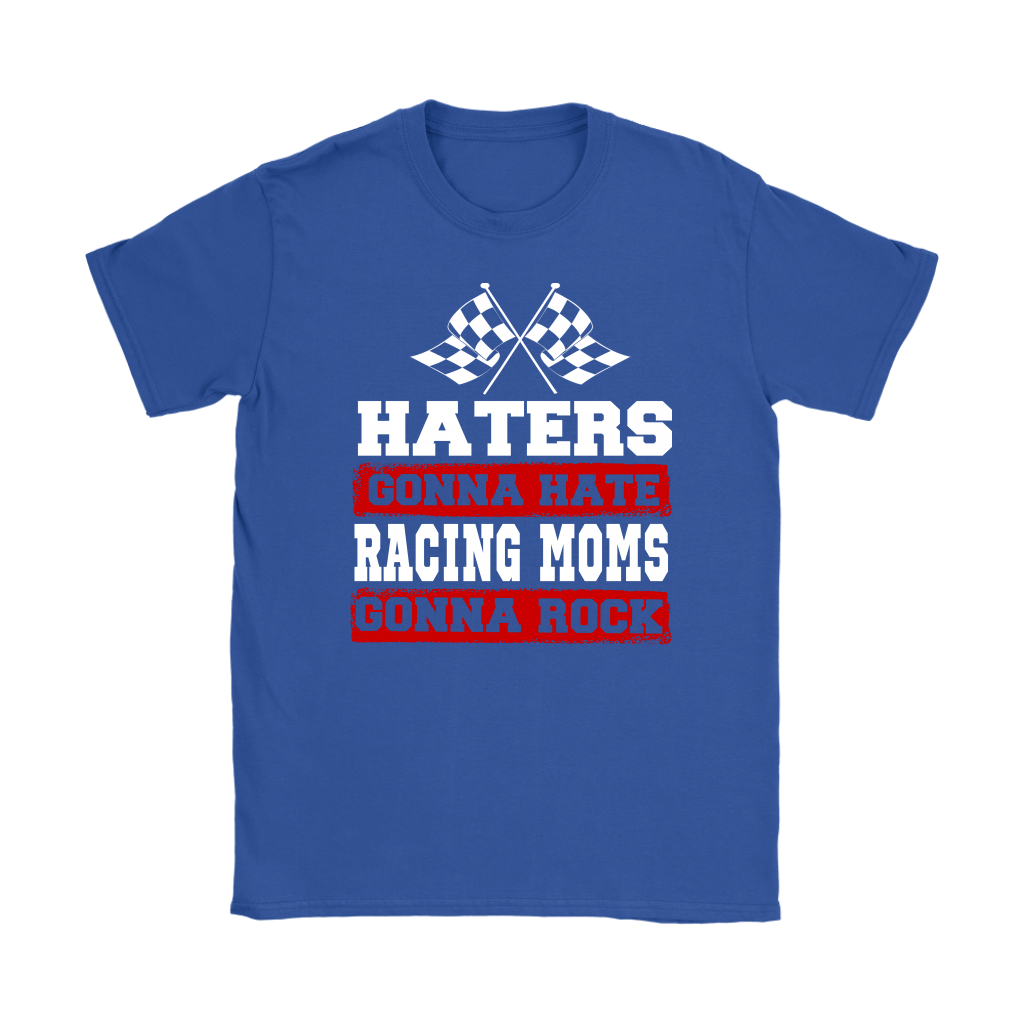 Premium black women's t-shirt mockup featuring a bold white and red graphic that reads "Haters Gonna Hate Racing Moms Gonna Rock" complete with crossed racing checkered flags.