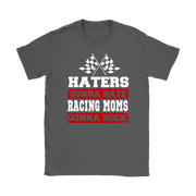 Premium black women's t-shirt mockup featuring a bold white and red graphic that reads "Haters Gonna Hate Racing Moms Gonna Rock" complete with crossed racing checkered flags.