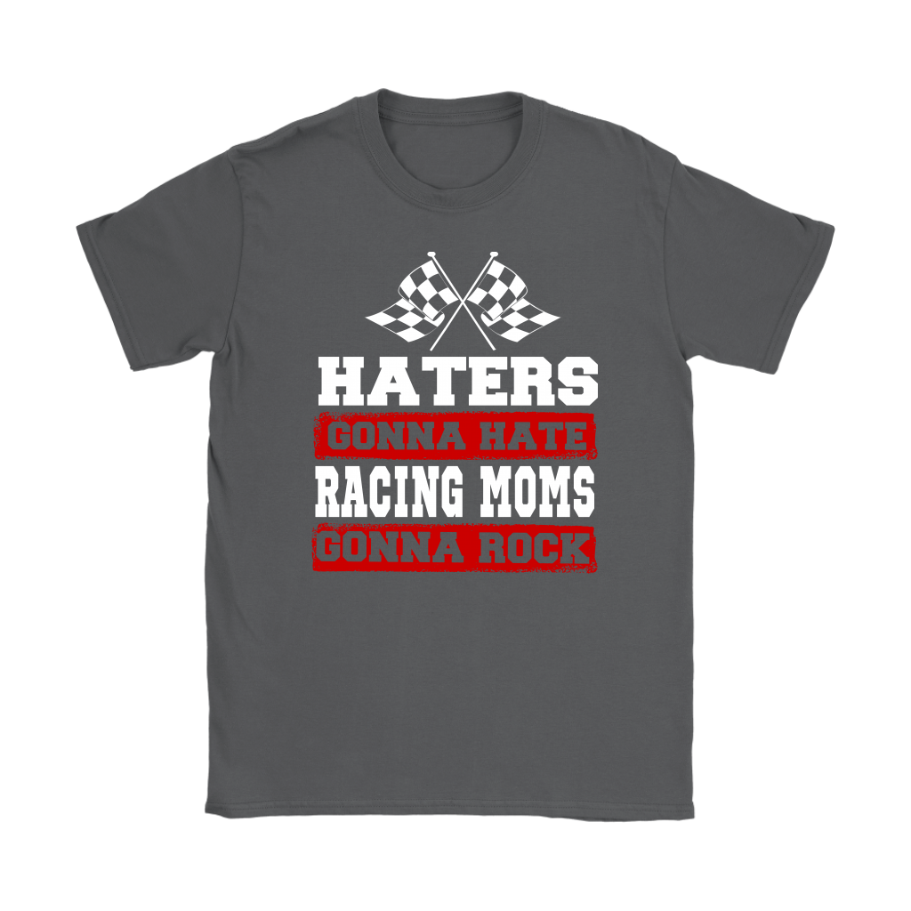 Premium black women's t-shirt mockup featuring a bold white and red graphic that reads "Haters Gonna Hate Racing Moms Gonna Rock" complete with crossed racing checkered flags.