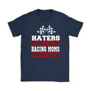Premium black women's t-shirt mockup featuring a bold white and red graphic that reads "Haters Gonna Hate Racing Moms Gonna Rock" complete with crossed racing checkered flags.