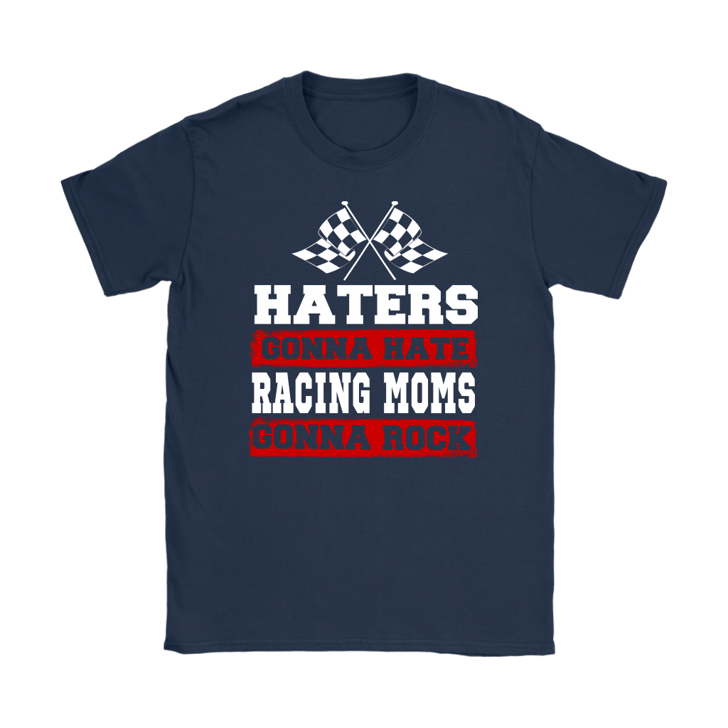 Premium black women's t-shirt mockup featuring a bold white and red graphic that reads "Haters Gonna Hate Racing Moms Gonna Rock" complete with crossed racing checkered flags.