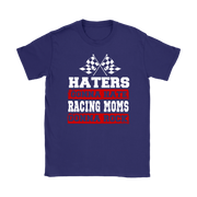 Premium black women's t-shirt mockup featuring a bold white and red graphic that reads "Haters Gonna Hate Racing Moms Gonna Rock" complete with crossed racing checkered flags.