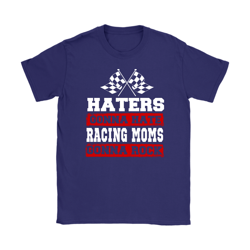 Premium black women's t-shirt mockup featuring a bold white and red graphic that reads "Haters Gonna Hate Racing Moms Gonna Rock" complete with crossed racing checkered flags.