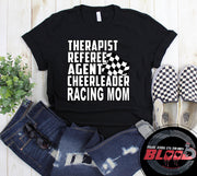Premium black women's t-shirt mockup featuring a clean white graphic layout listing "THERAPIST REFEREE AGENT CHEERLEADER RACING MOM" paired with a classic checkered flag icon.