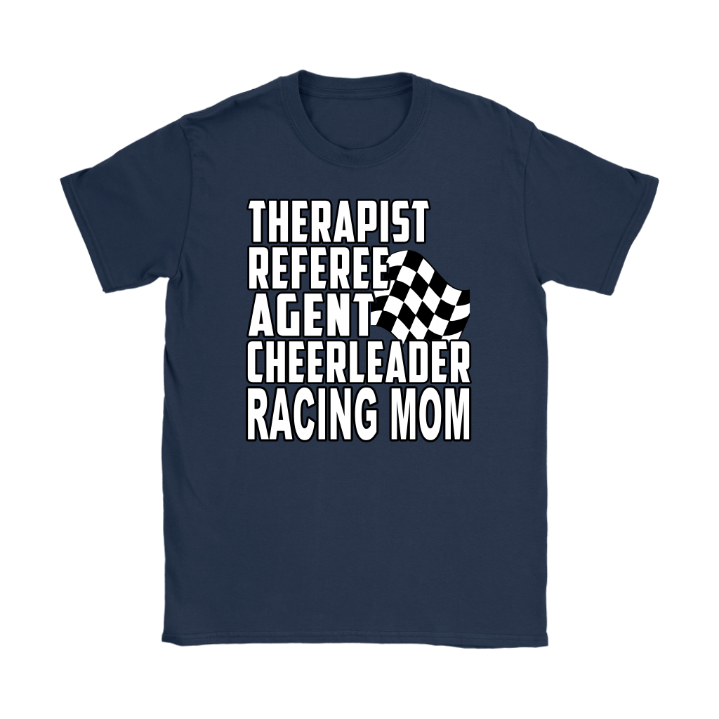 Premium black women's t-shirt mockup featuring a clean white graphic layout listing "THERAPIST REFEREE AGENT CHEERLEADER RACING MOM" paired with a classic checkered flag icon.