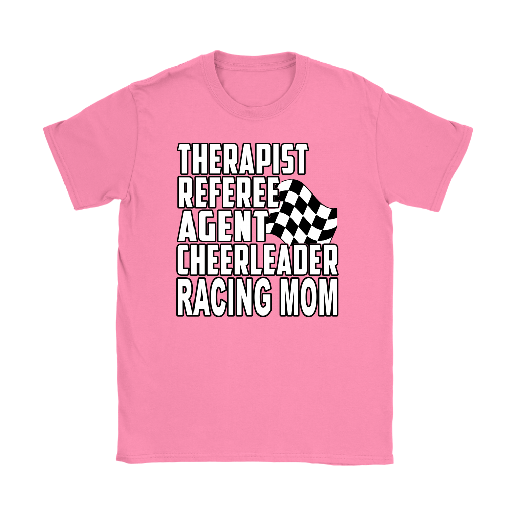 Premium black women's t-shirt mockup featuring a clean white graphic layout listing "THERAPIST REFEREE AGENT CHEERLEADER RACING MOM" paired with a classic checkered flag icon.
