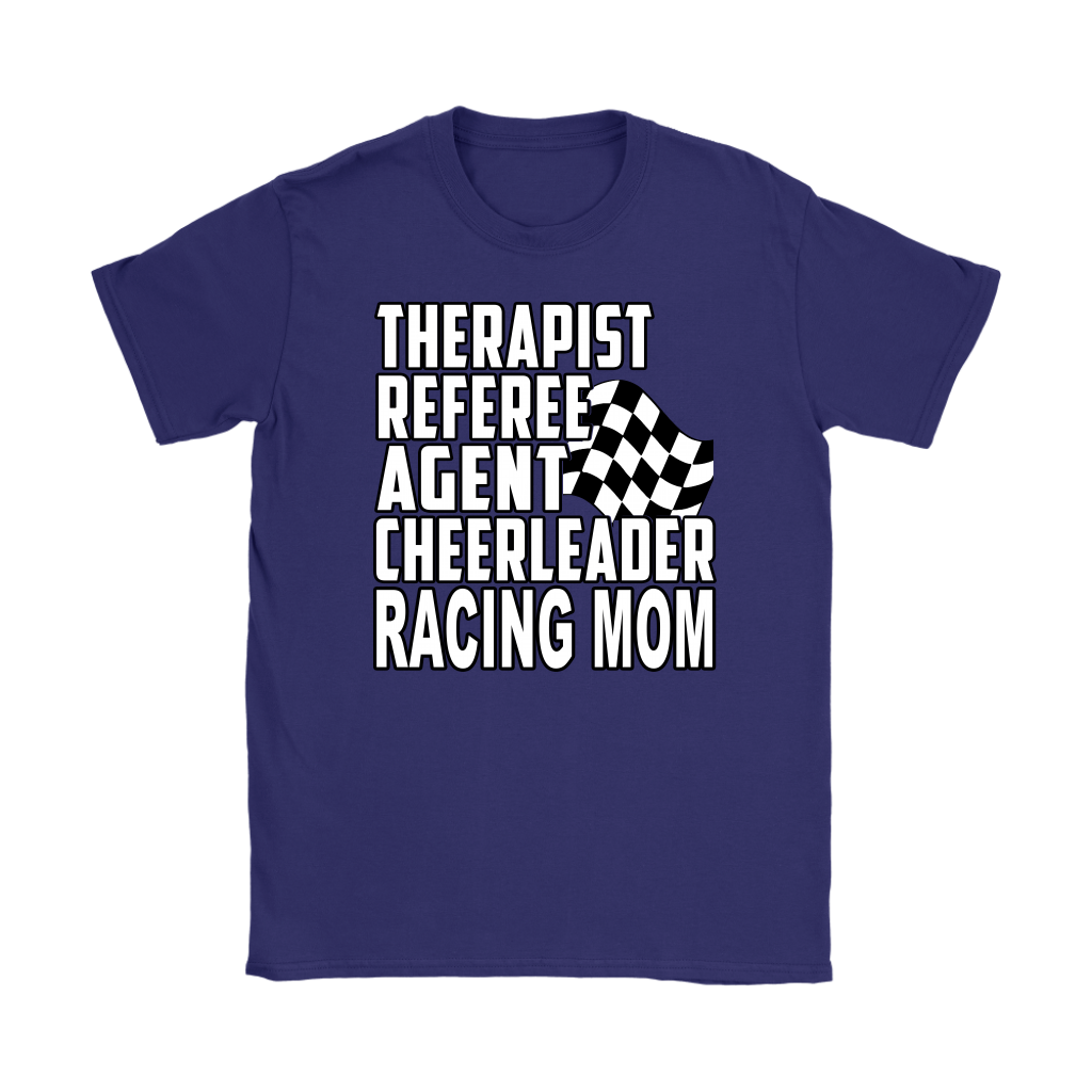 Premium black women's t-shirt mockup featuring a clean white graphic layout listing "THERAPIST REFEREE AGENT CHEERLEADER RACING MOM" paired with a classic checkered flag icon.