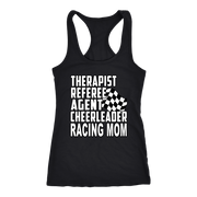 Premium black women's t-shirt mockup featuring a clean white graphic layout listing "THERAPIST REFEREE AGENT CHEERLEADER RACING MOM" paired with a classic checkered flag icon.