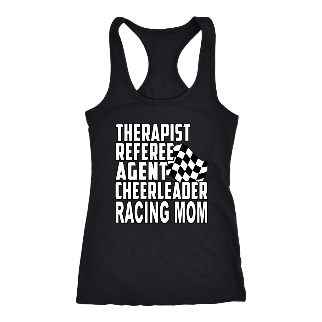 Premium black women's t-shirt mockup featuring a clean white graphic layout listing "THERAPIST REFEREE AGENT CHEERLEADER RACING MOM" paired with a classic checkered flag icon.