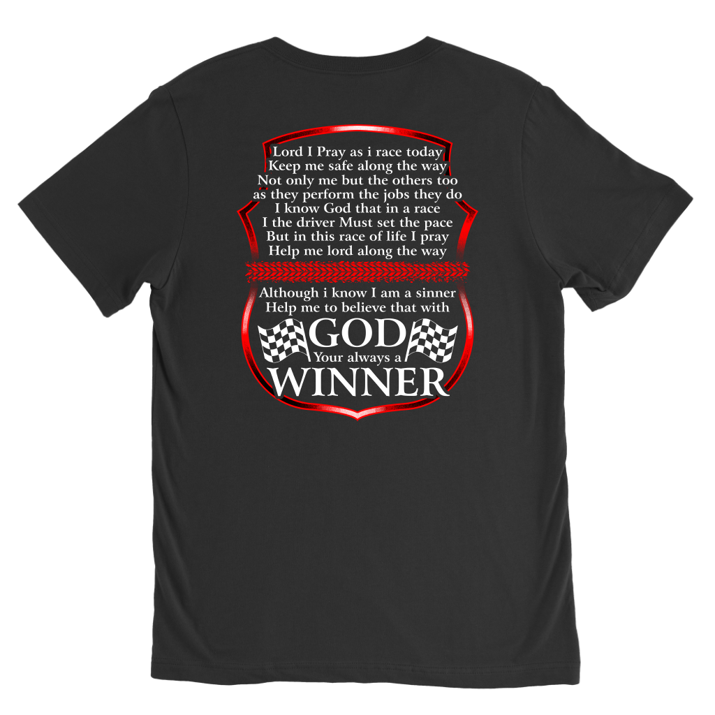 Premium motorsport apparel collection featuring a bold graphic layout with the prayer text "Lord I Pray As I Race Today" displayed across high-quality t-shirts, track tanks, and hoodies.