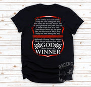 Premium motorsport apparel collection featuring a bold graphic layout with the prayer text "Lord I Pray As I Race Today" displayed across high-quality t-shirts, track tanks, and hoodies.