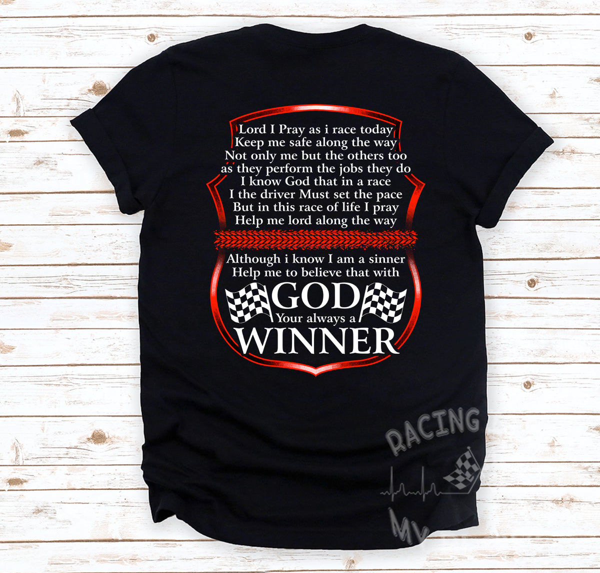 Premium motorsport apparel collection featuring a bold graphic layout with the prayer text "Lord I Pray As I Race Today" displayed across high-quality t-shirts, track tanks, and hoodies.