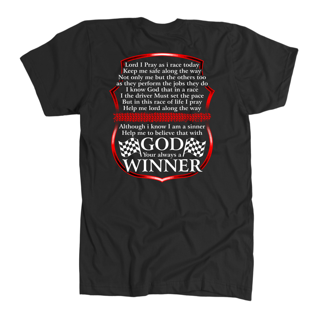 Premium motorsport apparel collection featuring a bold graphic layout with the prayer text "Lord I Pray As I Race Today" displayed across high-quality t-shirts, track tanks, and hoodies.