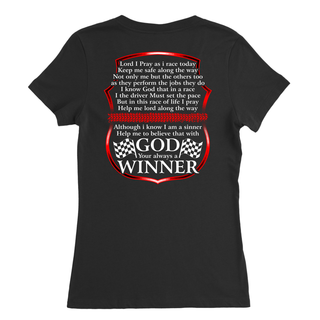 Premium motorsport apparel collection featuring a bold graphic layout with the prayer text "Lord I Pray As I Race Today" displayed across high-quality t-shirts, track tanks, and hoodies.