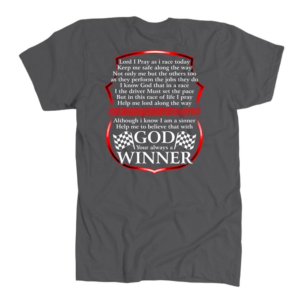 Premium motorsport apparel collection featuring a bold graphic layout with the prayer text "Lord I Pray As I Race Today" displayed across high-quality t-shirts, track tanks, and hoodies.