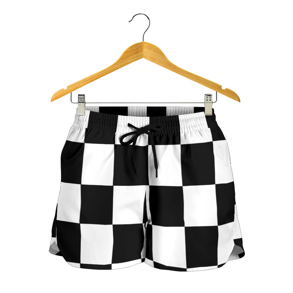 Premium women's athletic shorts featuring a bold checkered racing flag pattern, designed with an elastic drawstring waistband and functional side pockets.