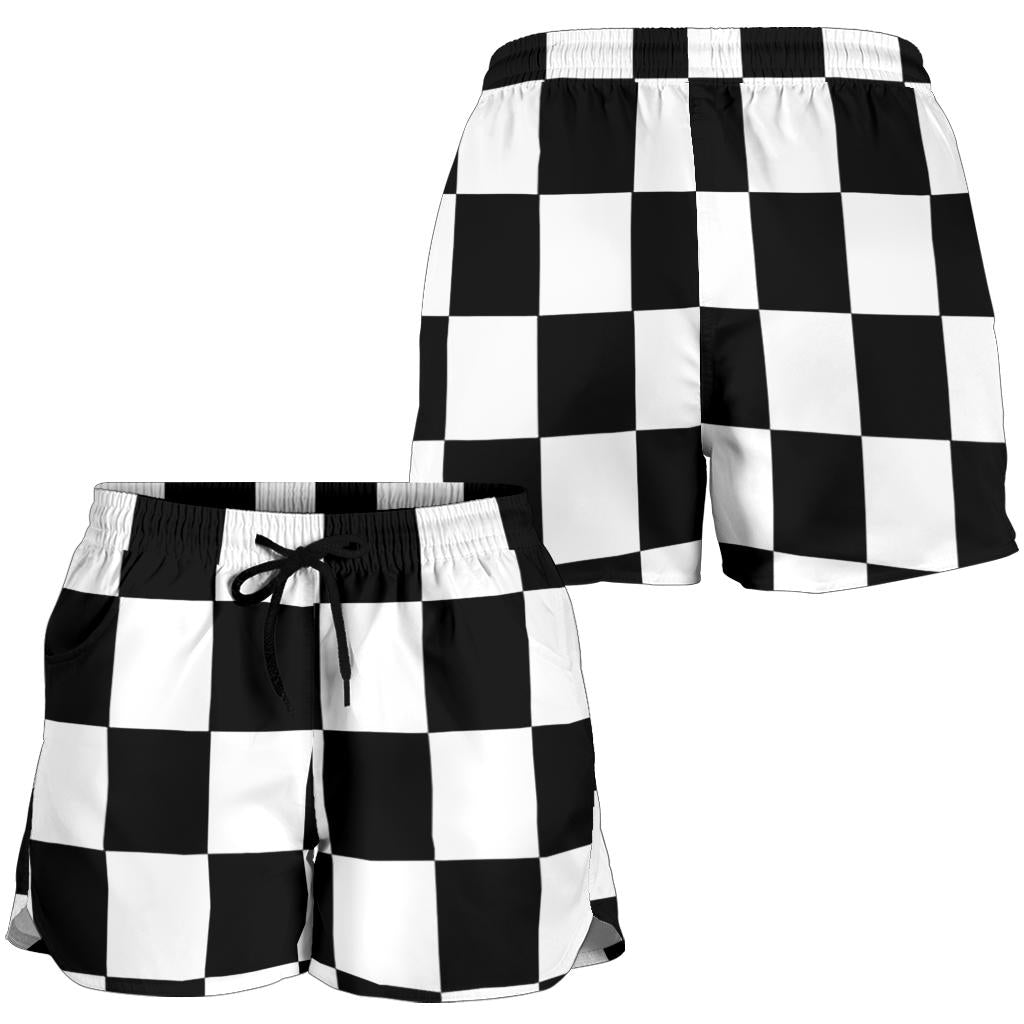 Premium women's athletic shorts featuring a bold checkered racing flag pattern, designed with an elastic drawstring waistband and functional side pockets.